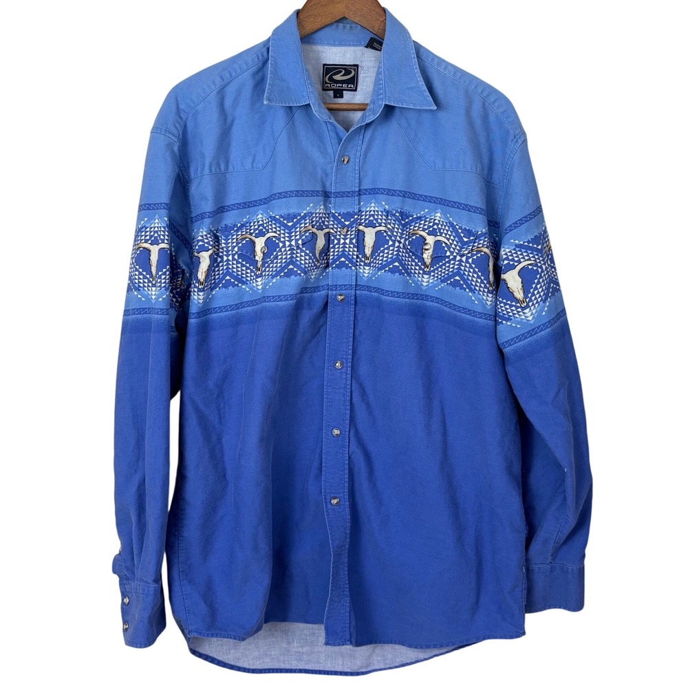 Roper Men's L Cotton Pearl Snap Shirt Blue Longhorn Rodeo Western Yellowstone‎